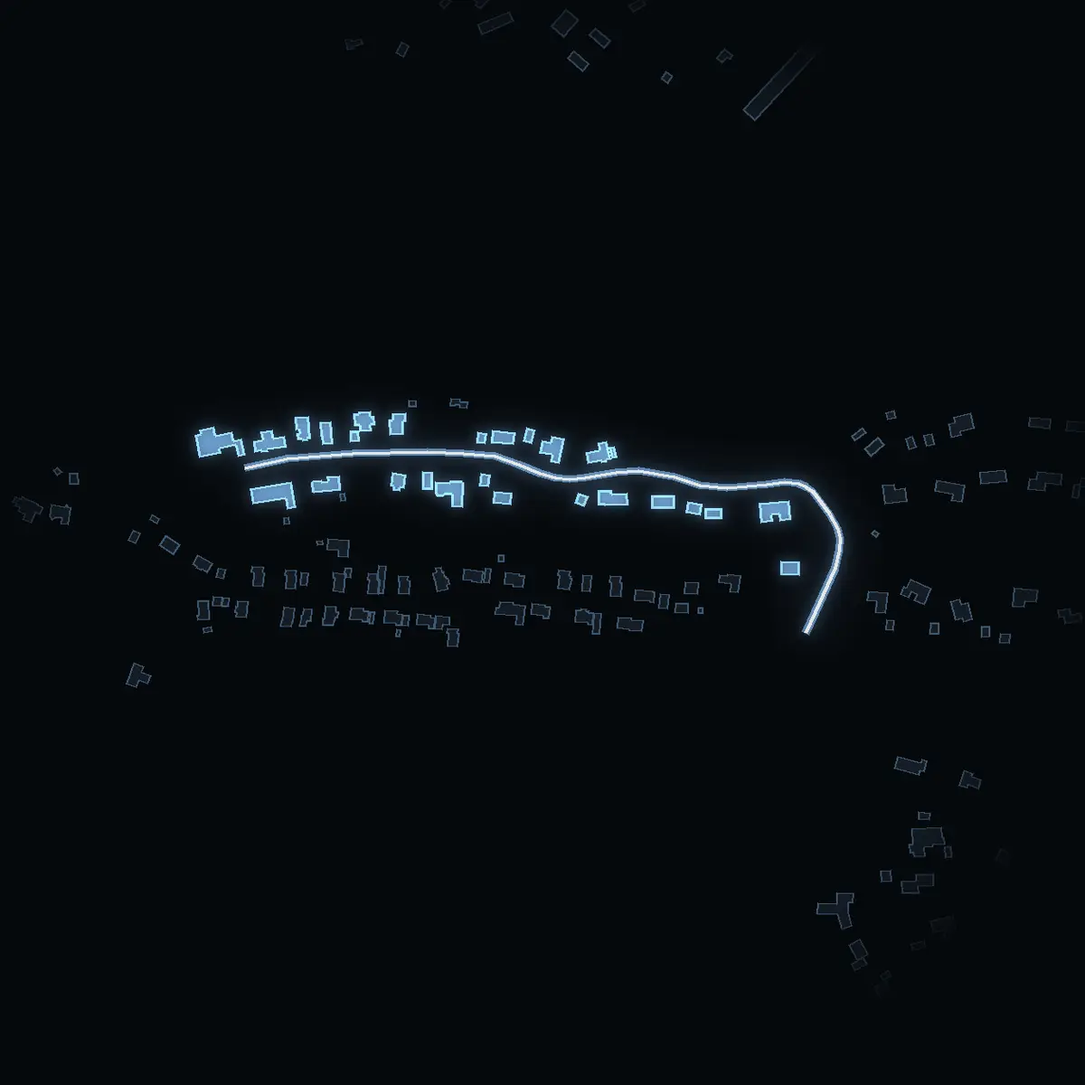 The street at night: Ekåsen drawn in white, its buildings lit in the colour of their area’s income
