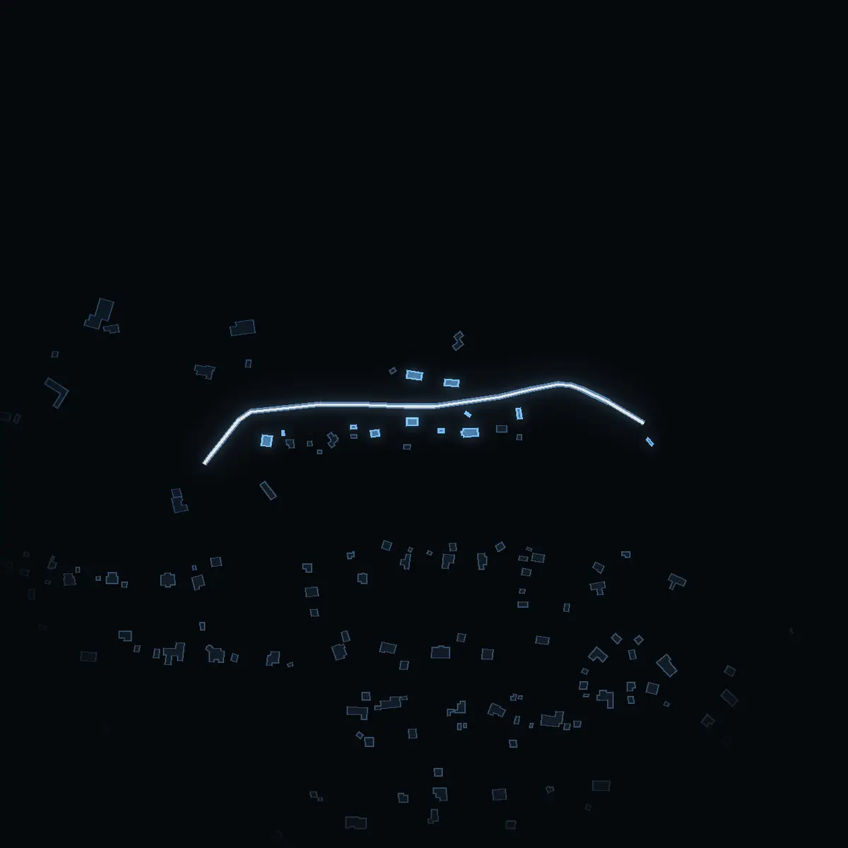 The street at night: Eklövsvägen drawn in white, its buildings lit in the colour of their area’s income