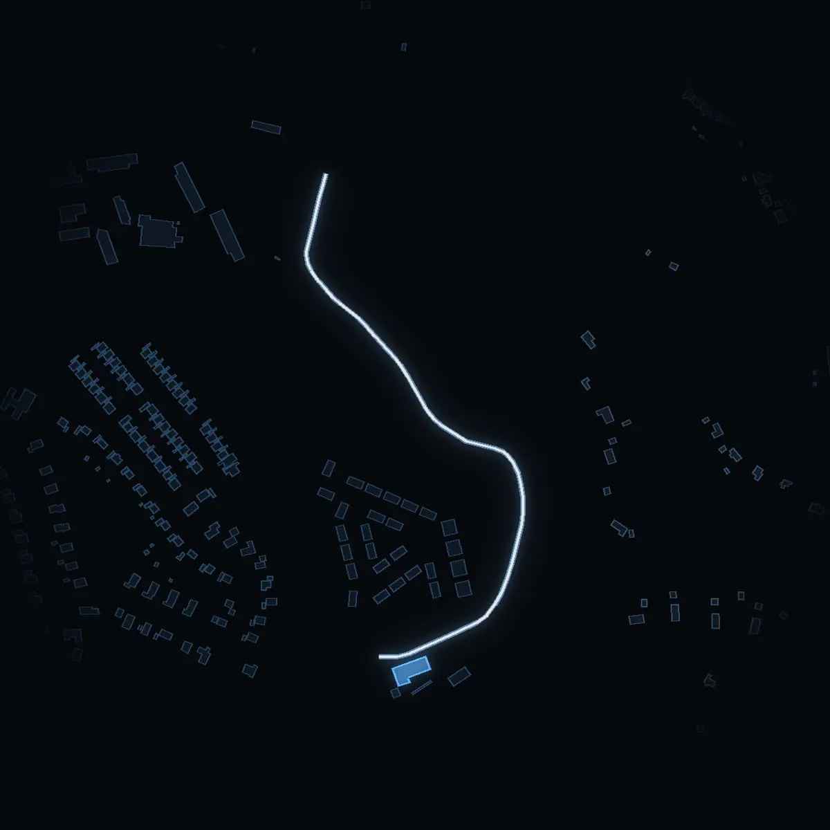 The street at night: Entreprenadvägen drawn in white, its buildings lit in the colour of their area’s income