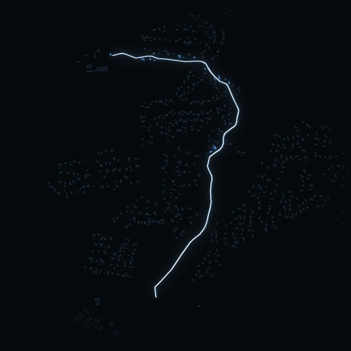 The street at night: Evlingevägen drawn in white, its buildings lit in the colour of their area’s income