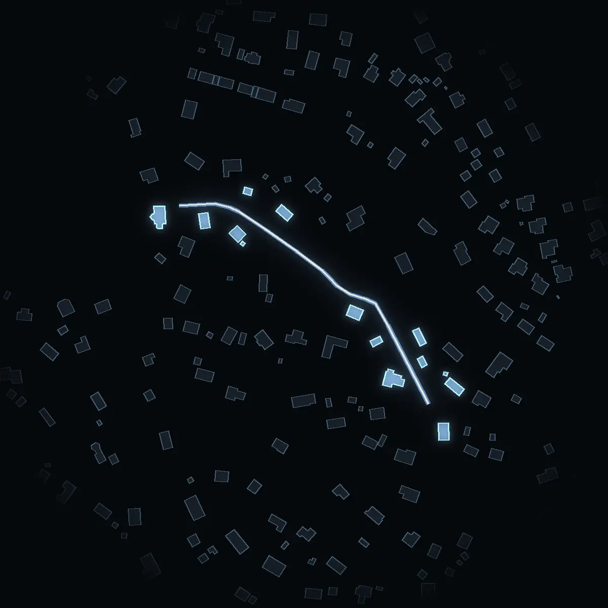 The street at night: Fågelstigen drawn in white, its buildings lit in the colour of their area’s income