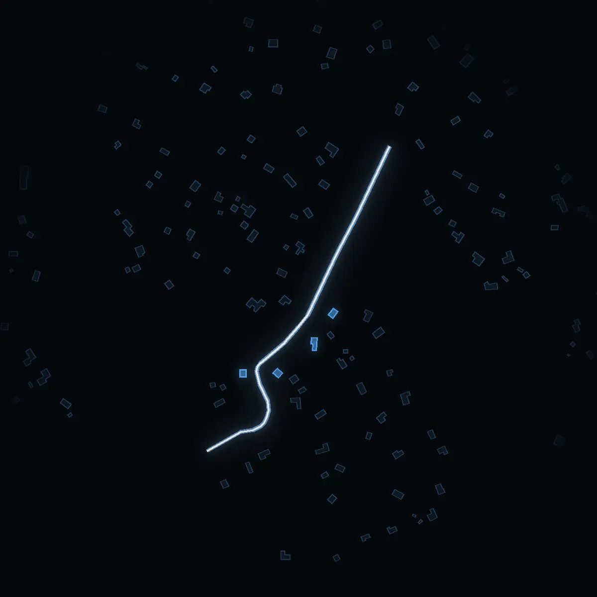The street at night: Fårhagsvägen drawn in white, its buildings lit in the colour of their area’s income