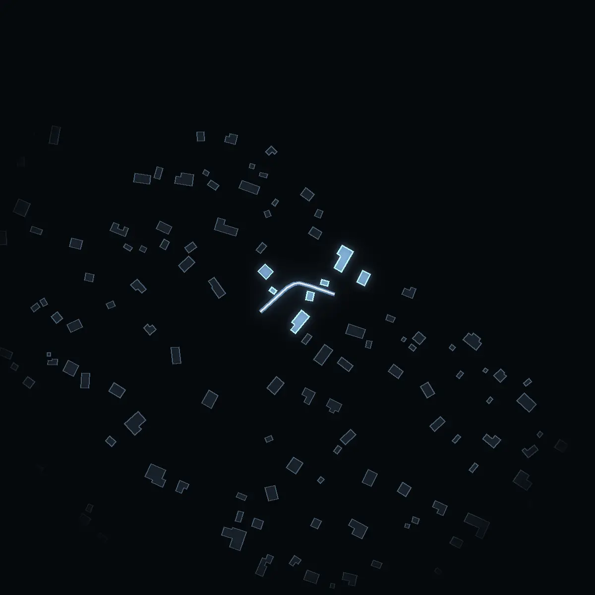 The street at night: Fenderstigen drawn in white, its buildings lit in the colour of their area’s income