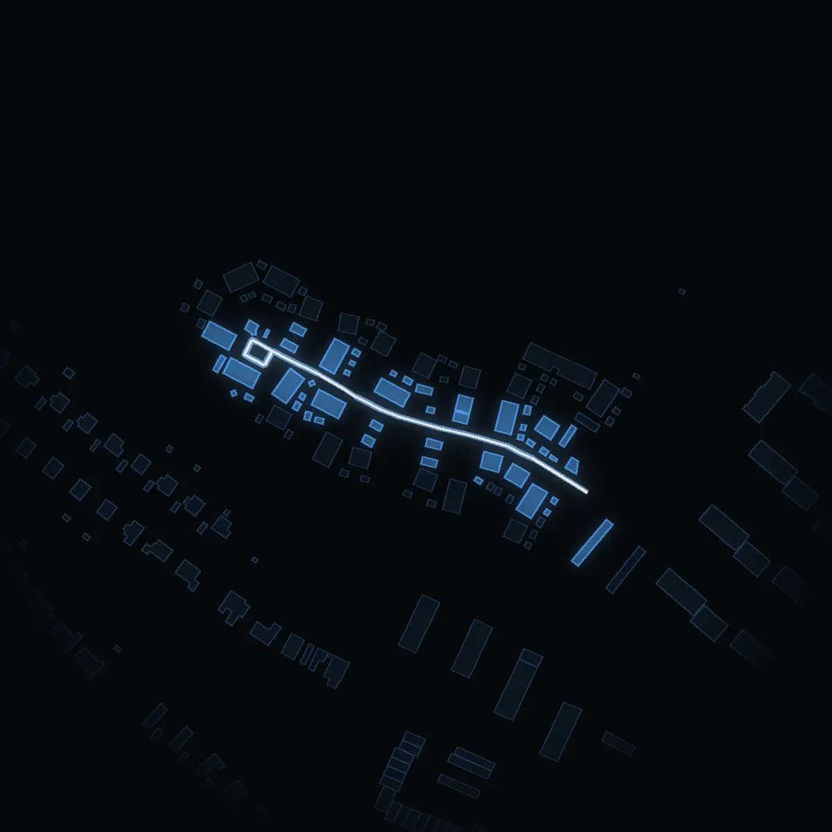 The street at night: Fiskgjusevägen drawn in white, its buildings lit in the colour of their area’s income