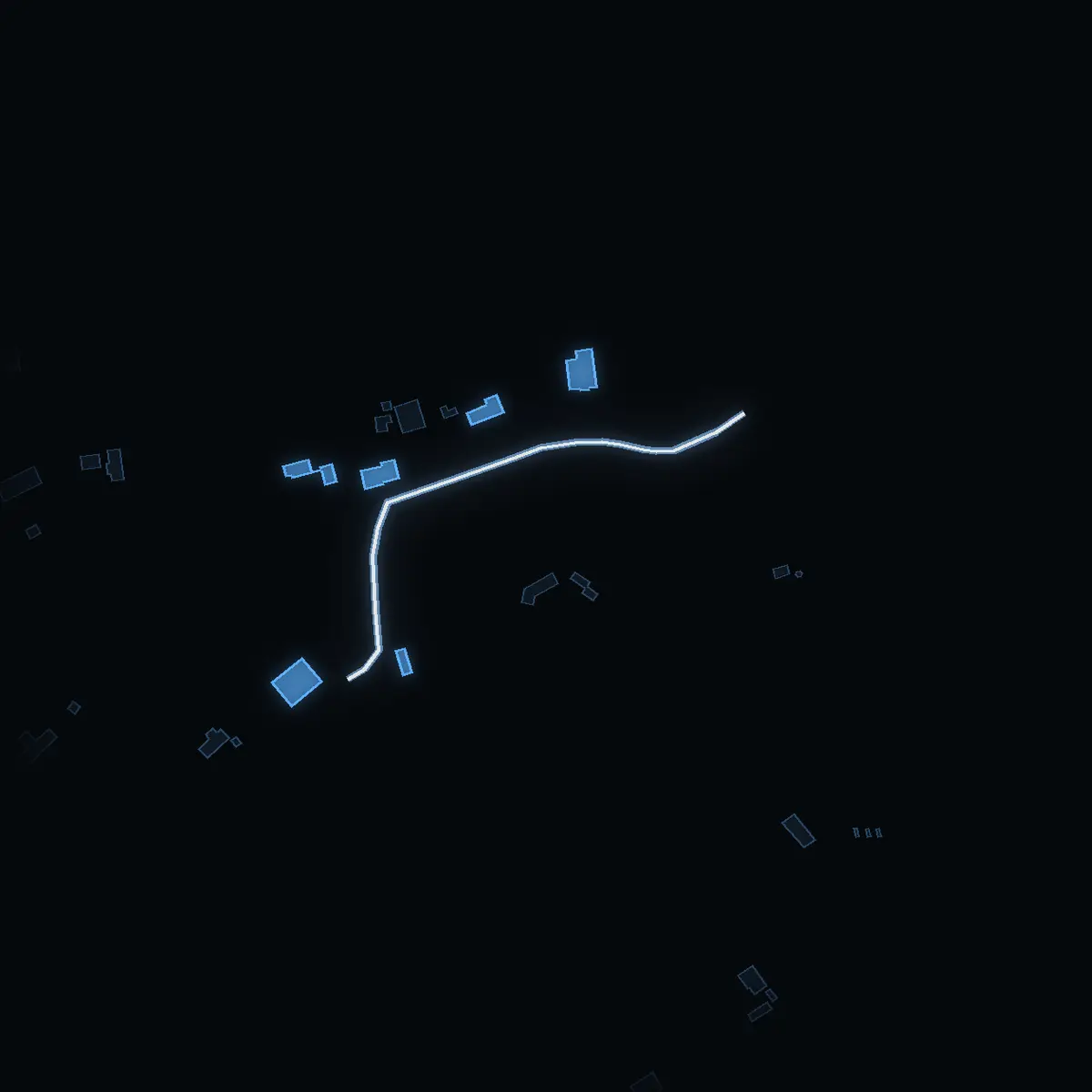 The street at night: Fiskstigen drawn in white, its buildings lit in the colour of their area’s income