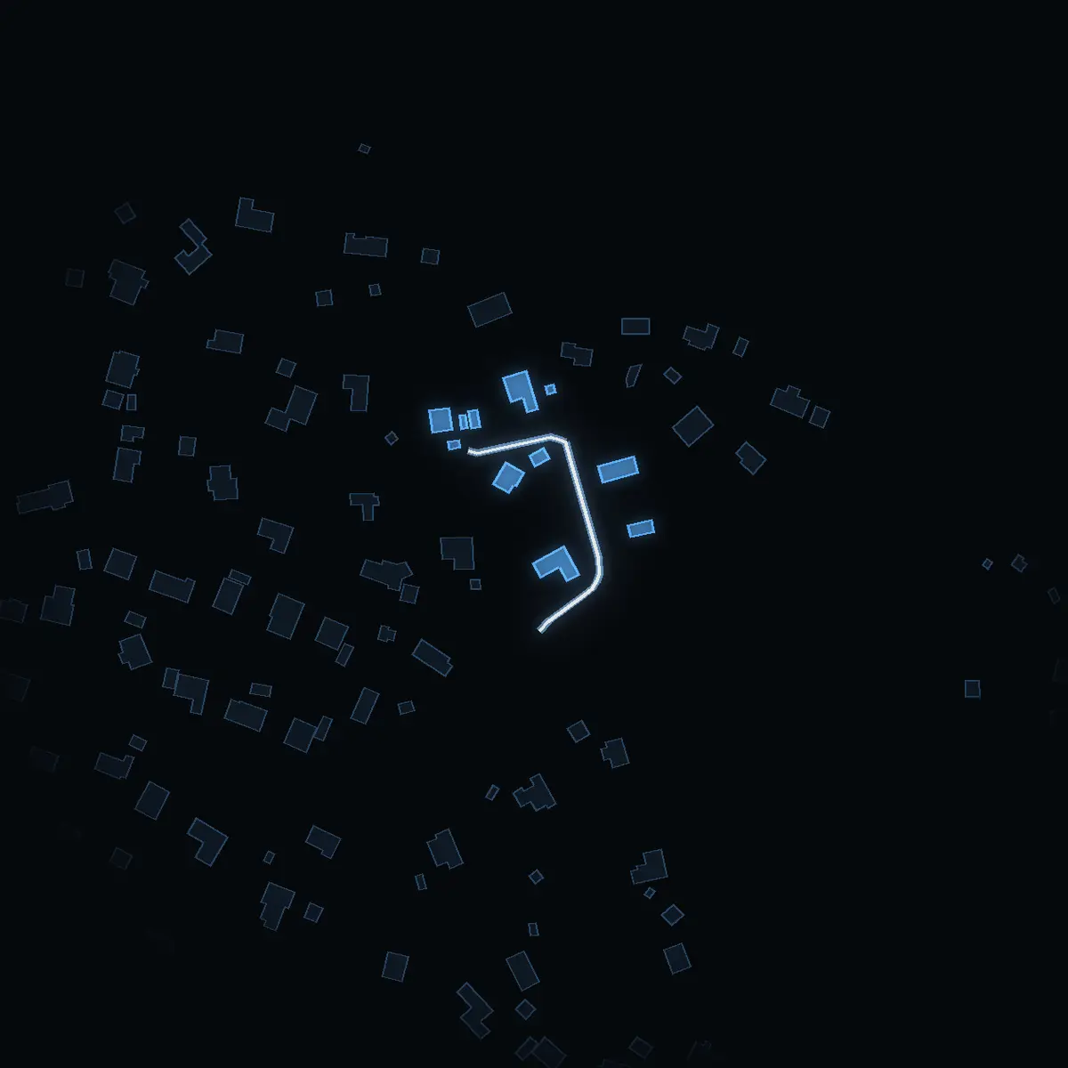 The street at night: Fladenhöjden drawn in white, its buildings lit in the colour of their area’s income