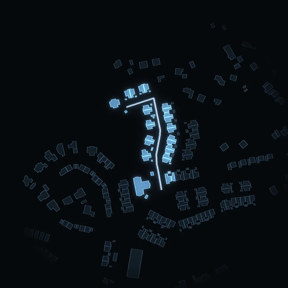 The street at night: Fruviks Gårds väg drawn in white, its buildings lit in the colour of their area’s income