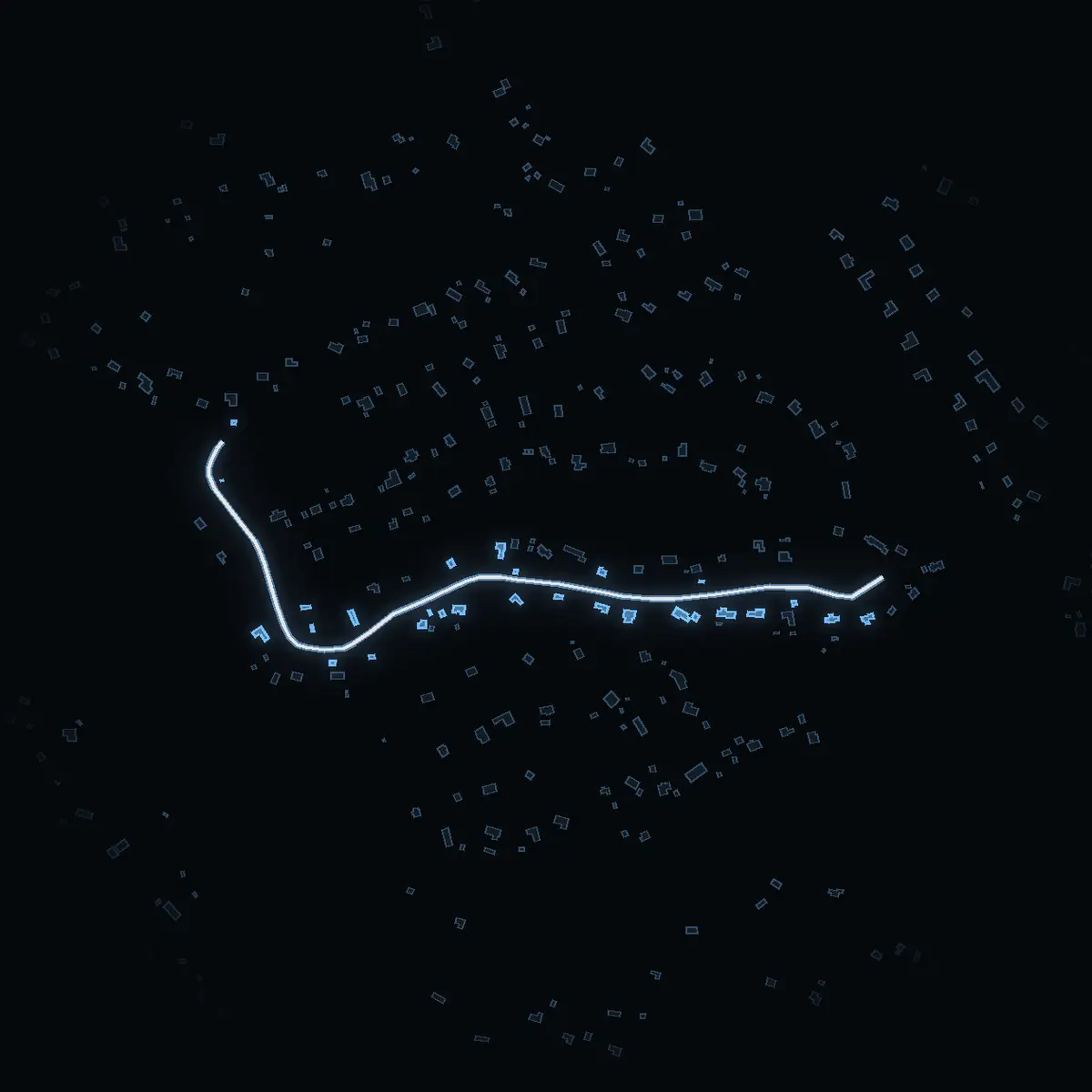 The street at night: Gäddkroken drawn in white, its buildings lit in the colour of their area’s income