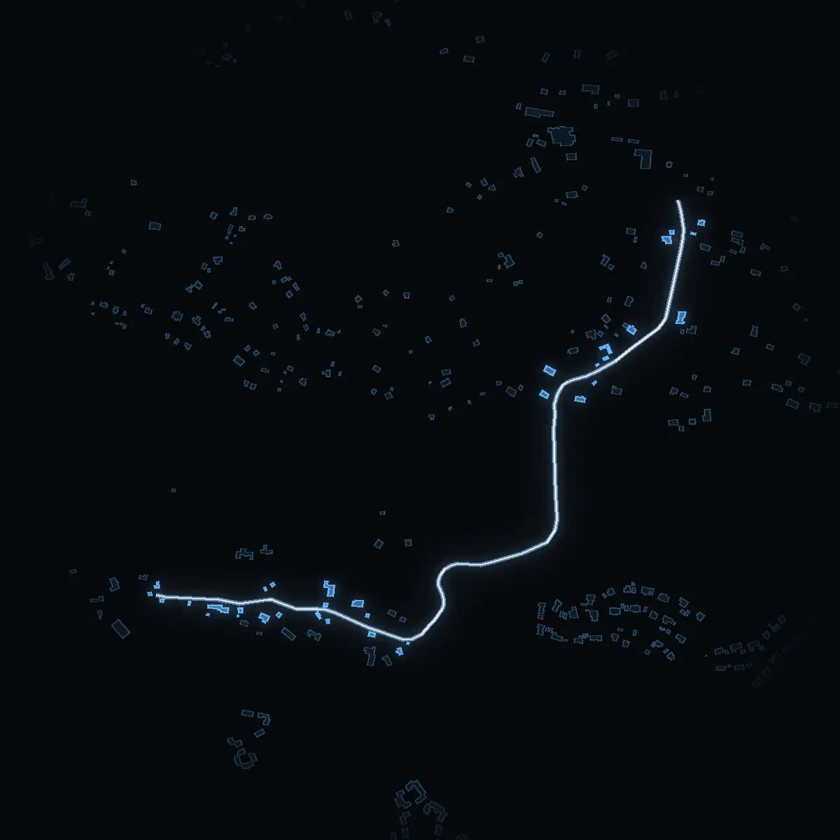 The street at night: Gamla Fågelbrovägen drawn in white, its buildings lit in the colour of their area’s income