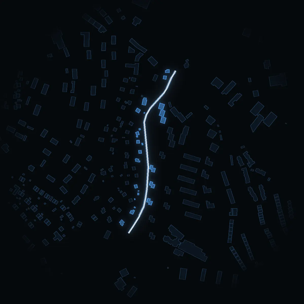 The street at night: Gamla Svartens väg drawn in white, its buildings lit in the colour of their area’s income