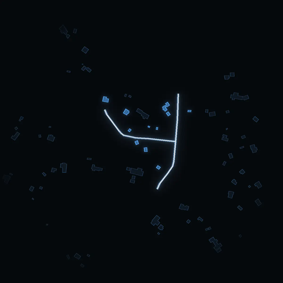 The street at night: Gistgårdsvägen drawn in white, its buildings lit in the colour of their area’s income