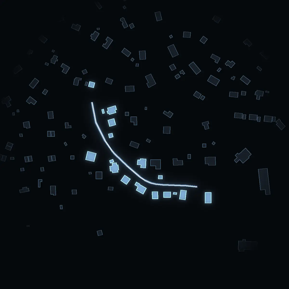 The street at night: Grisslingebacken drawn in white, its buildings lit in the colour of their area’s income