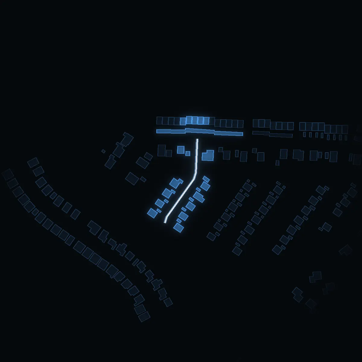 The street at night: Harstigen drawn in white, its buildings lit in the colour of their area’s income