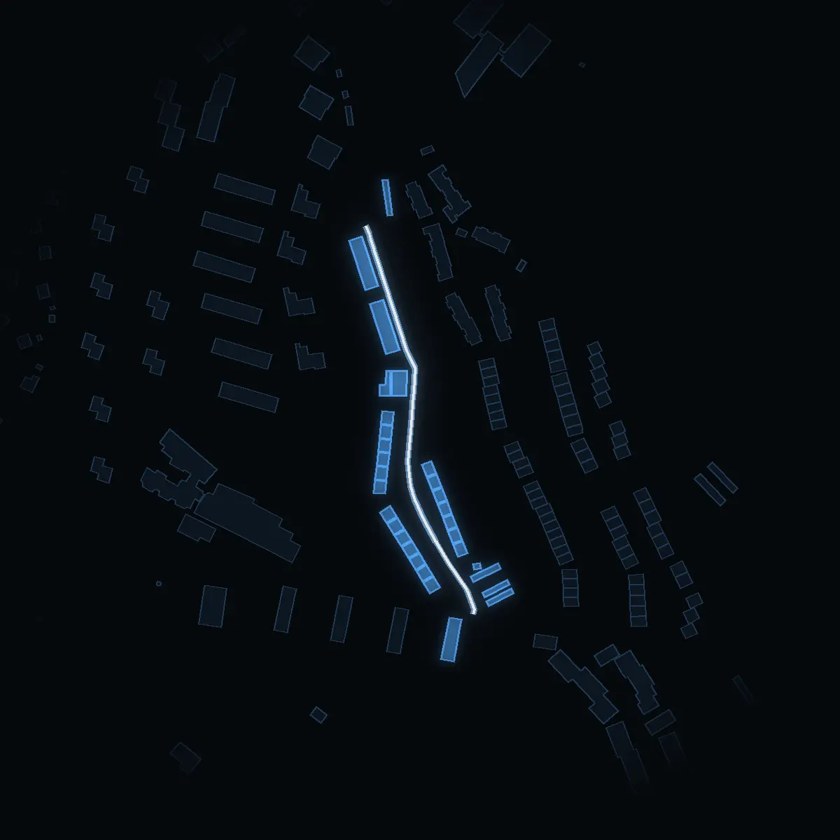 The street at night: Hästhagsterassen drawn in white, its buildings lit in the colour of their area’s income