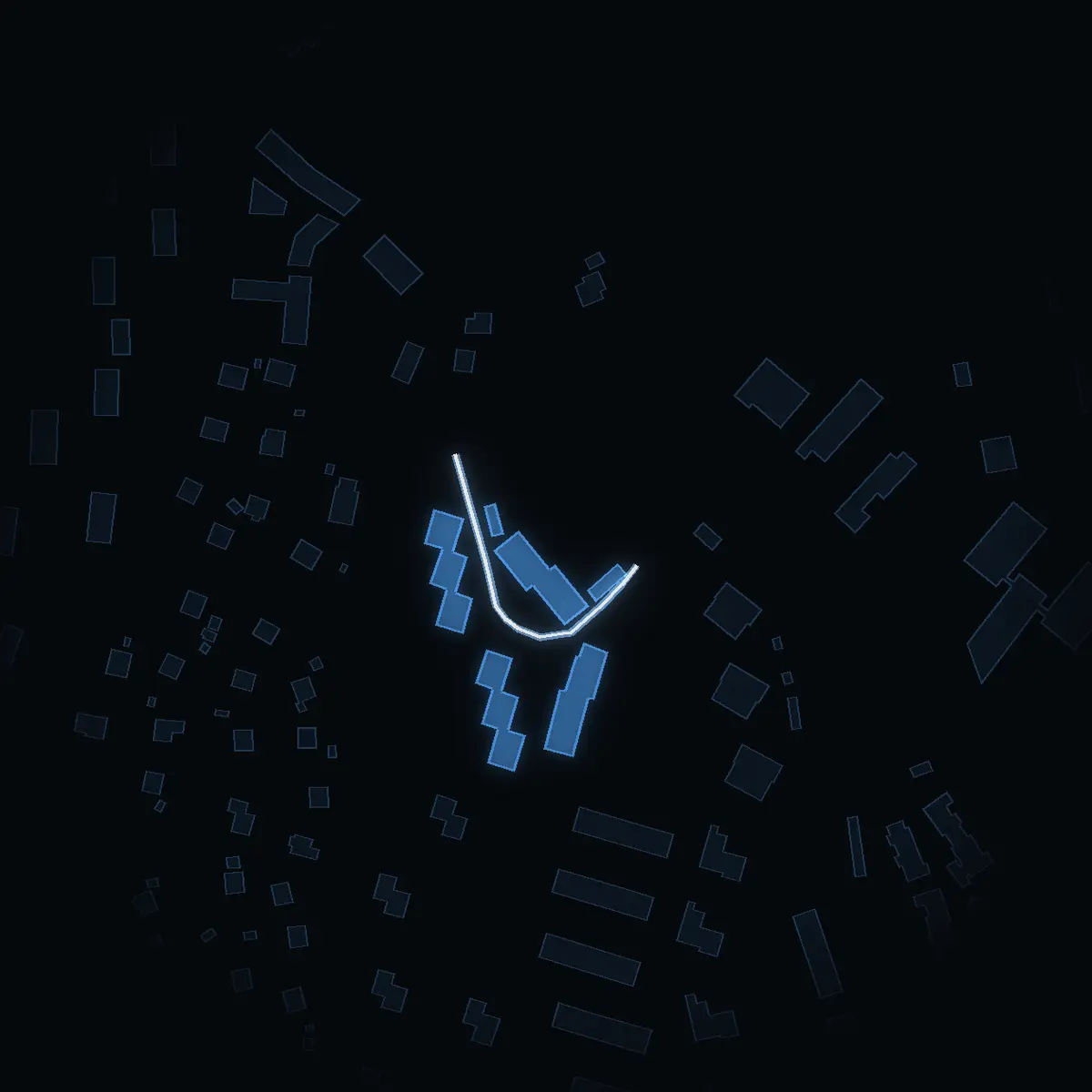 The street at night: Hästskovägen drawn in white, its buildings lit in the colour of their area’s income