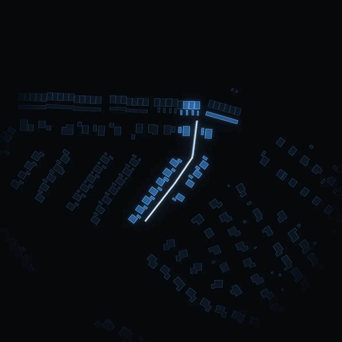 The street at night: Hjortstigen drawn in white, its buildings lit in the colour of their area’s income