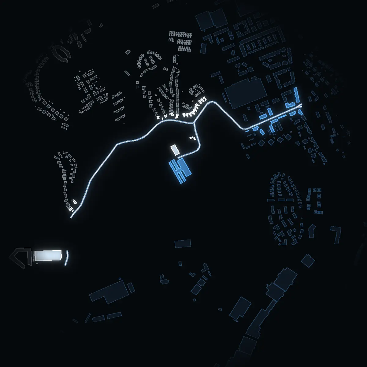The street at night: Idrottsvägen drawn in white, its buildings lit in the colour of their area’s income