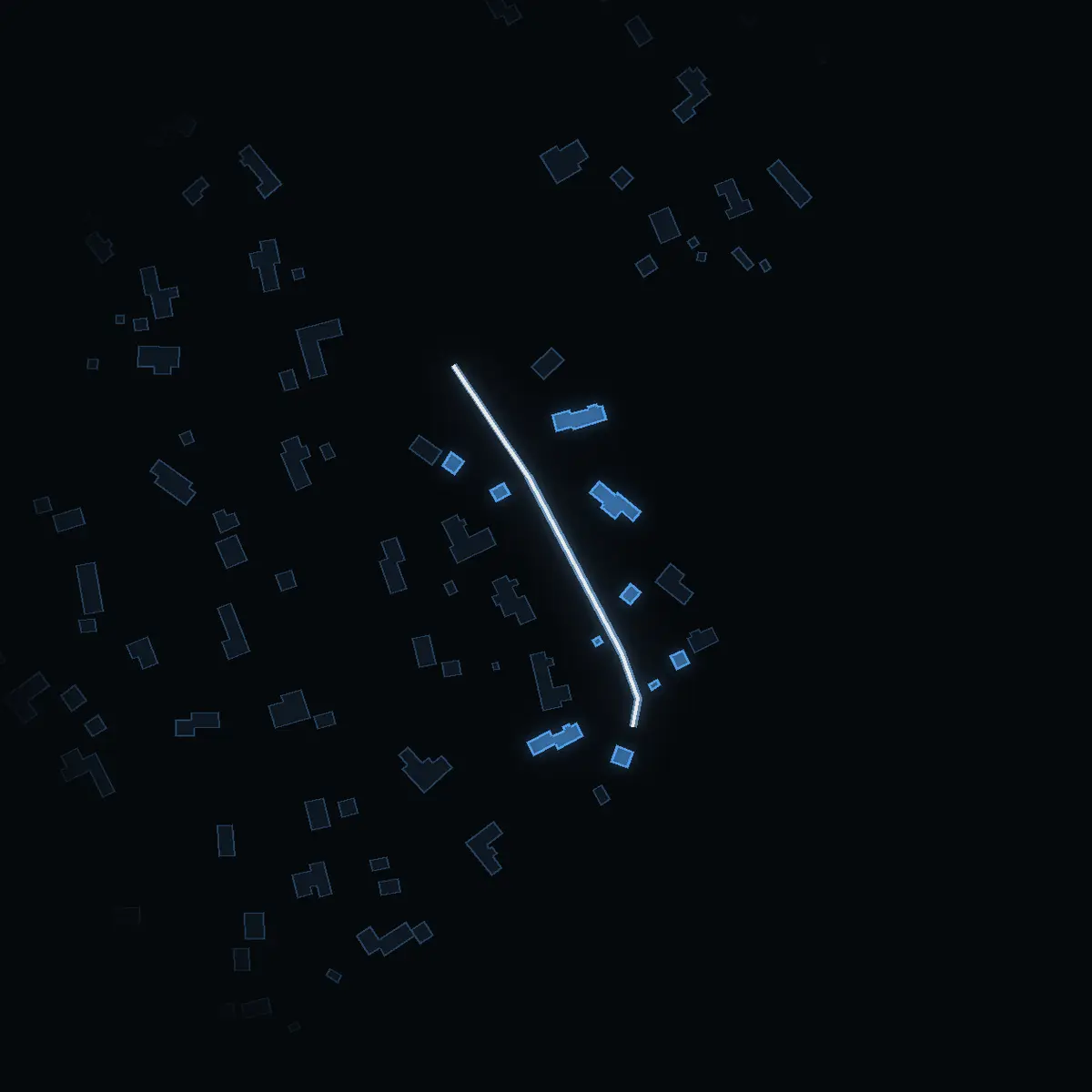 The street at night: Jollevägen drawn in white, its buildings lit in the colour of their area’s income
