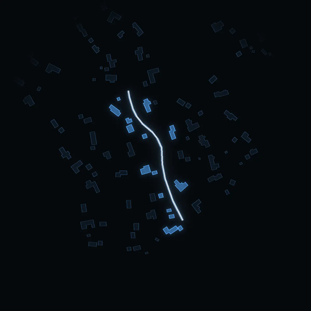 The street at night: Kajakvägen drawn in white, its buildings lit in the colour of their area’s income