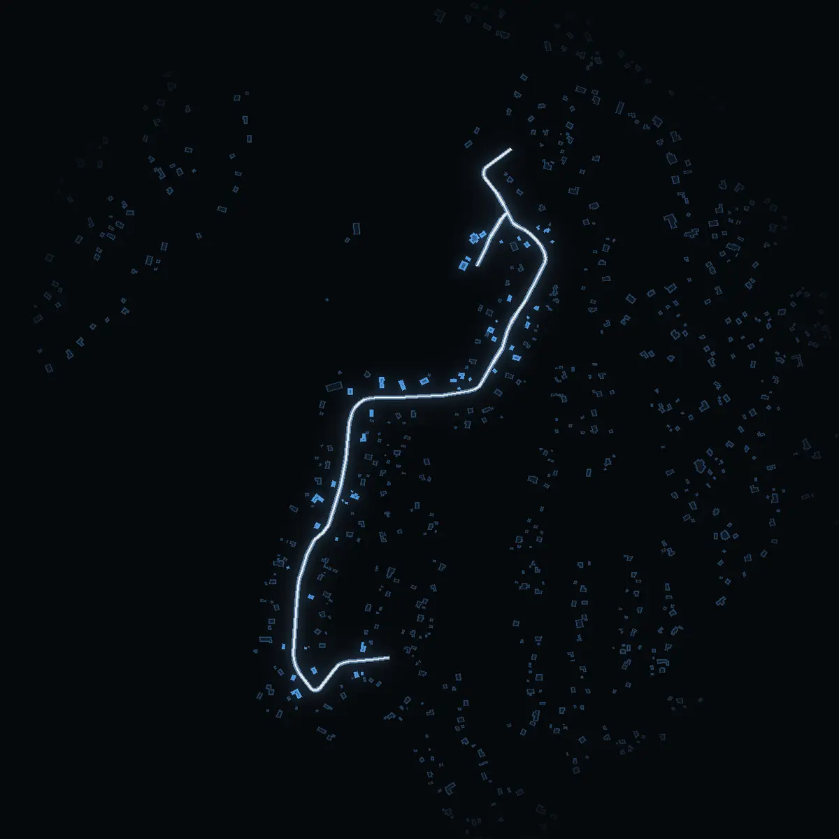 The street at night: Lillskogsvändan drawn in white, its buildings lit in the colour of their area’s income