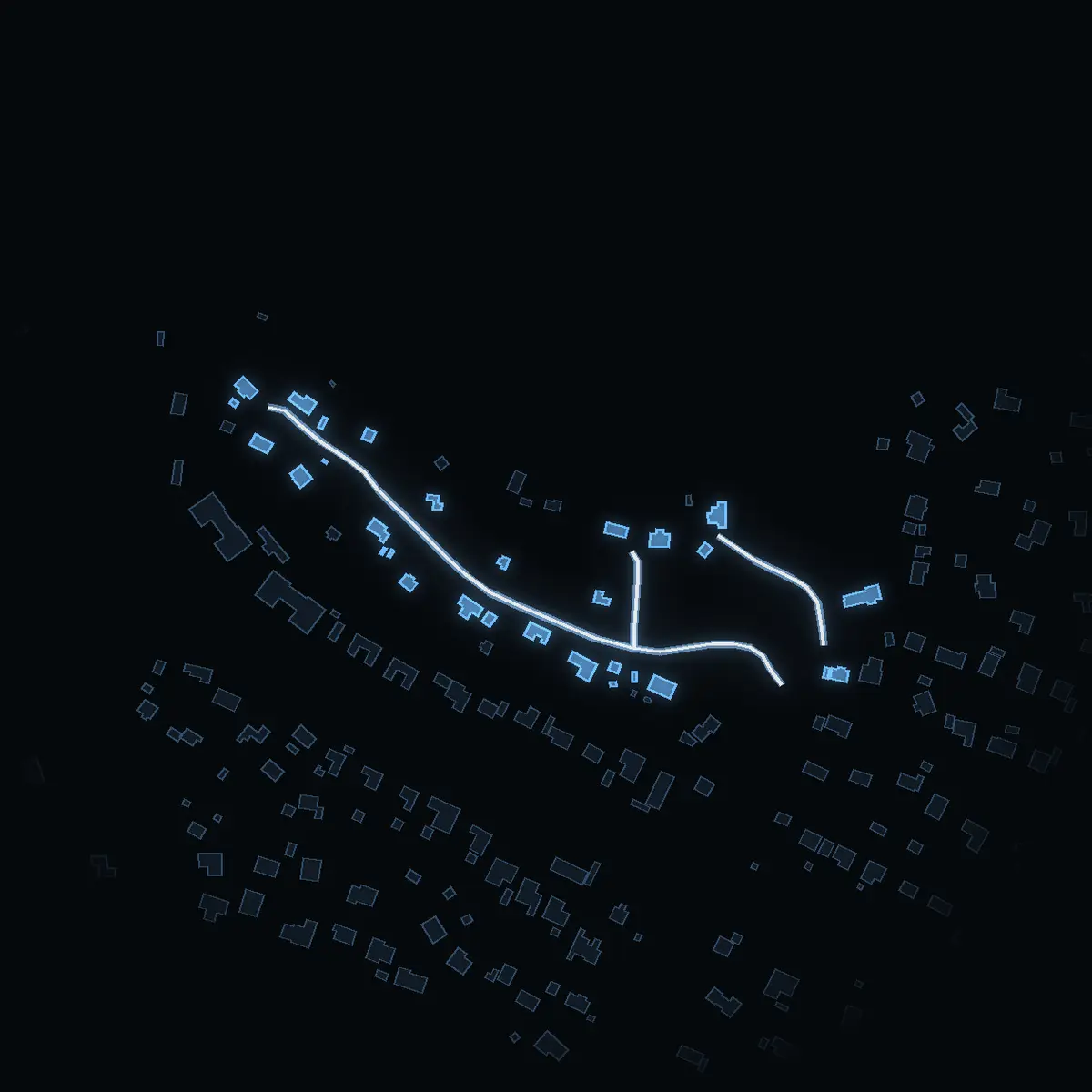 The street at night: Lövhamravägen drawn in white, its buildings lit in the colour of their area’s income