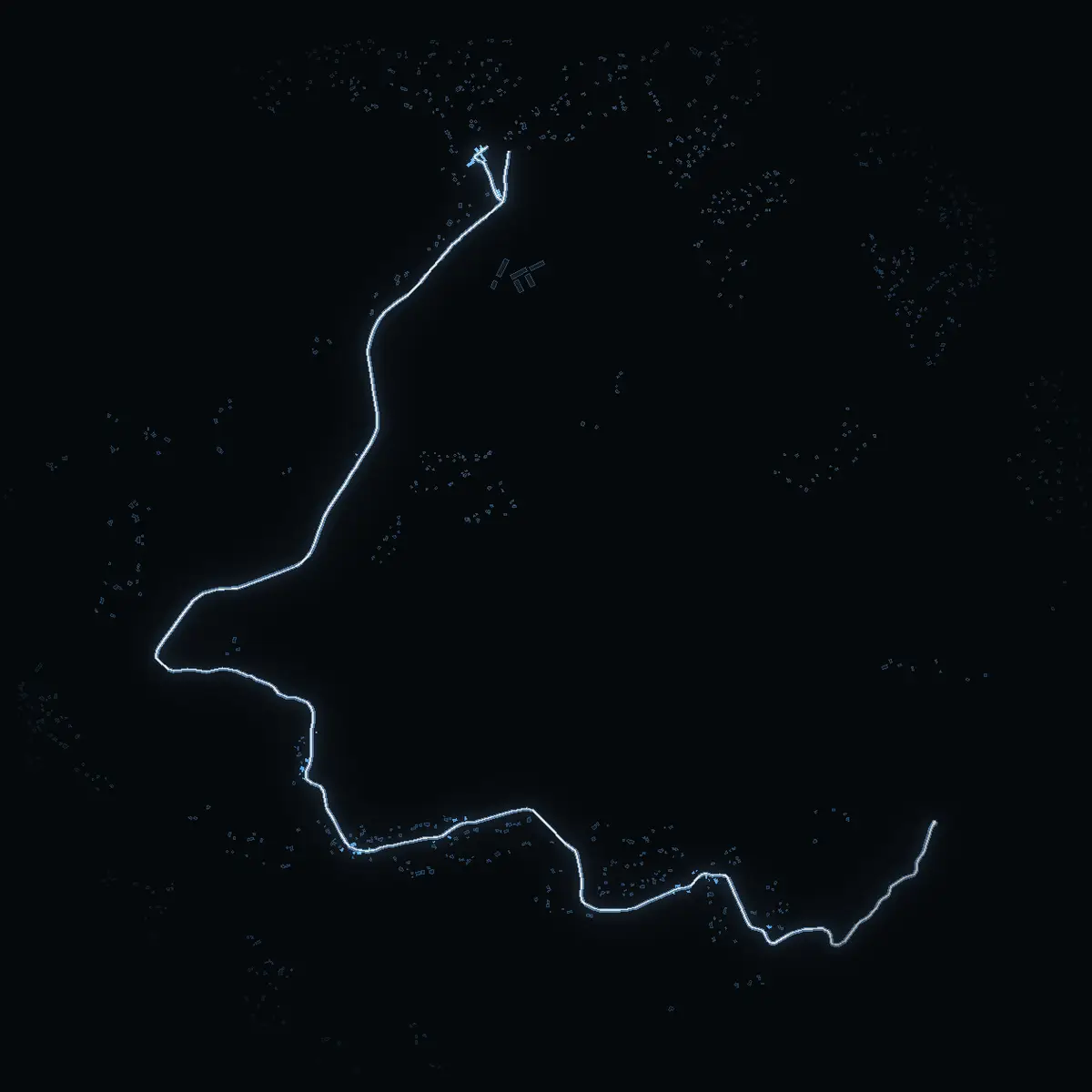 The street at night: Malmavägen drawn in white, its buildings lit in the colour of their area’s income