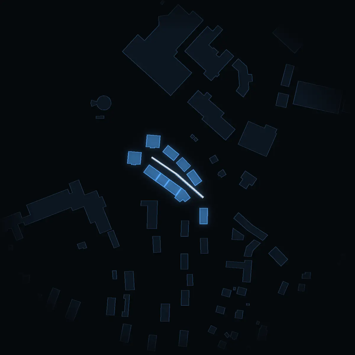 The street at night: Mariaterassen drawn in white, its buildings lit in the colour of their area’s income