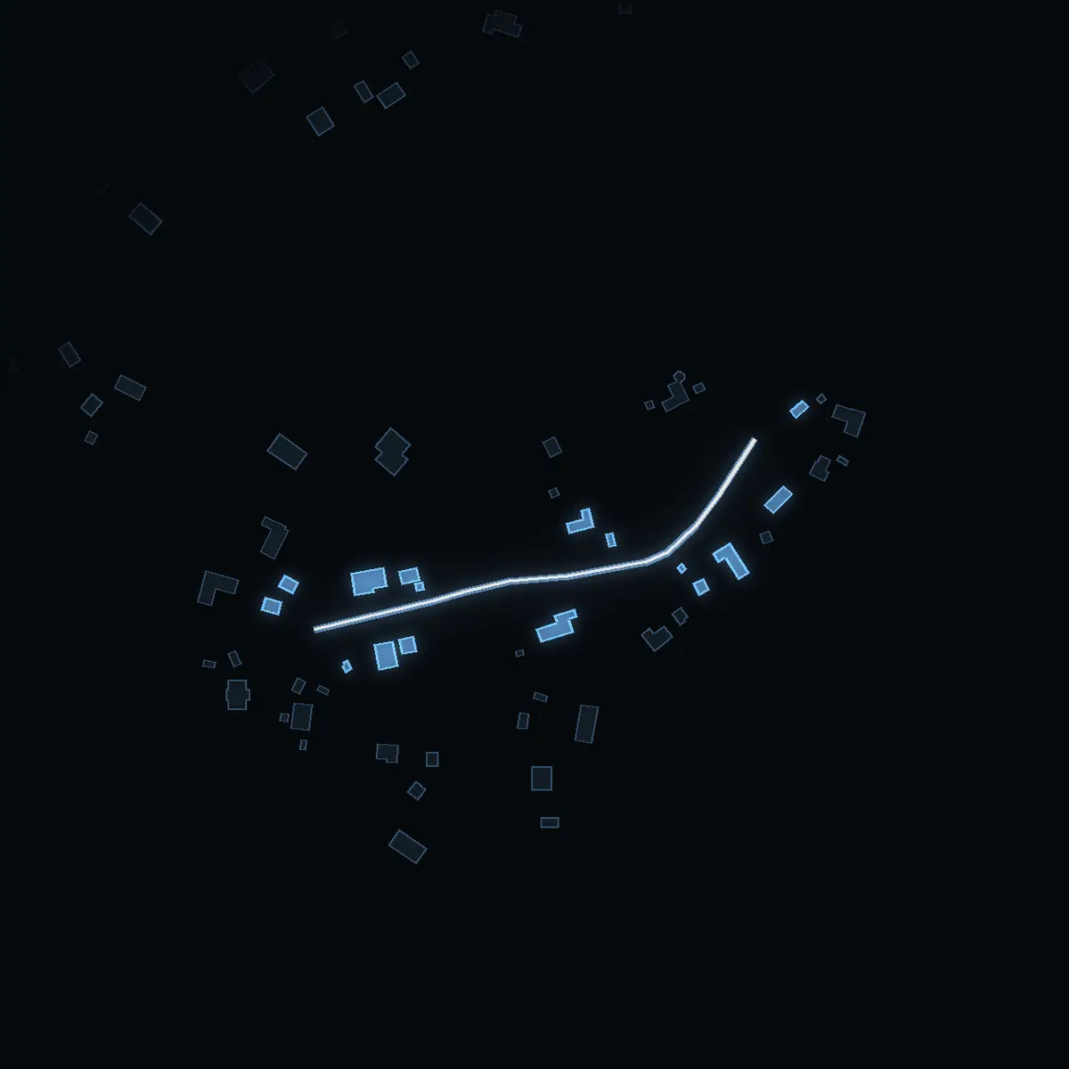 The street at night: Mörtstigen drawn in white, its buildings lit in the colour of their area’s income