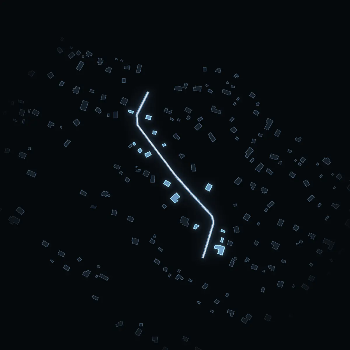 The street at night: Myterivägen drawn in white, its buildings lit in the colour of their area’s income