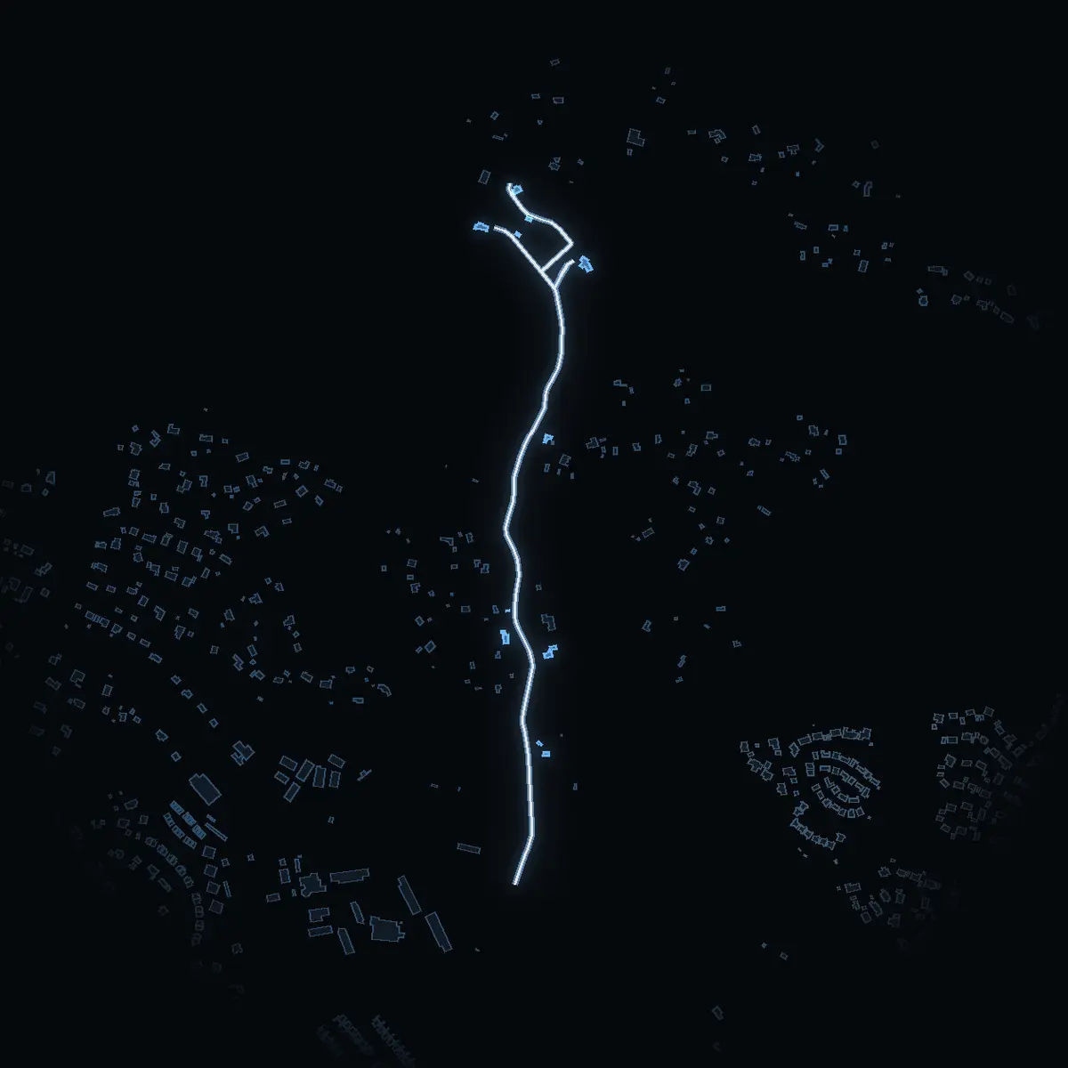 The street at night: Näsuddsvägen drawn in white, its buildings lit in the colour of their area’s income