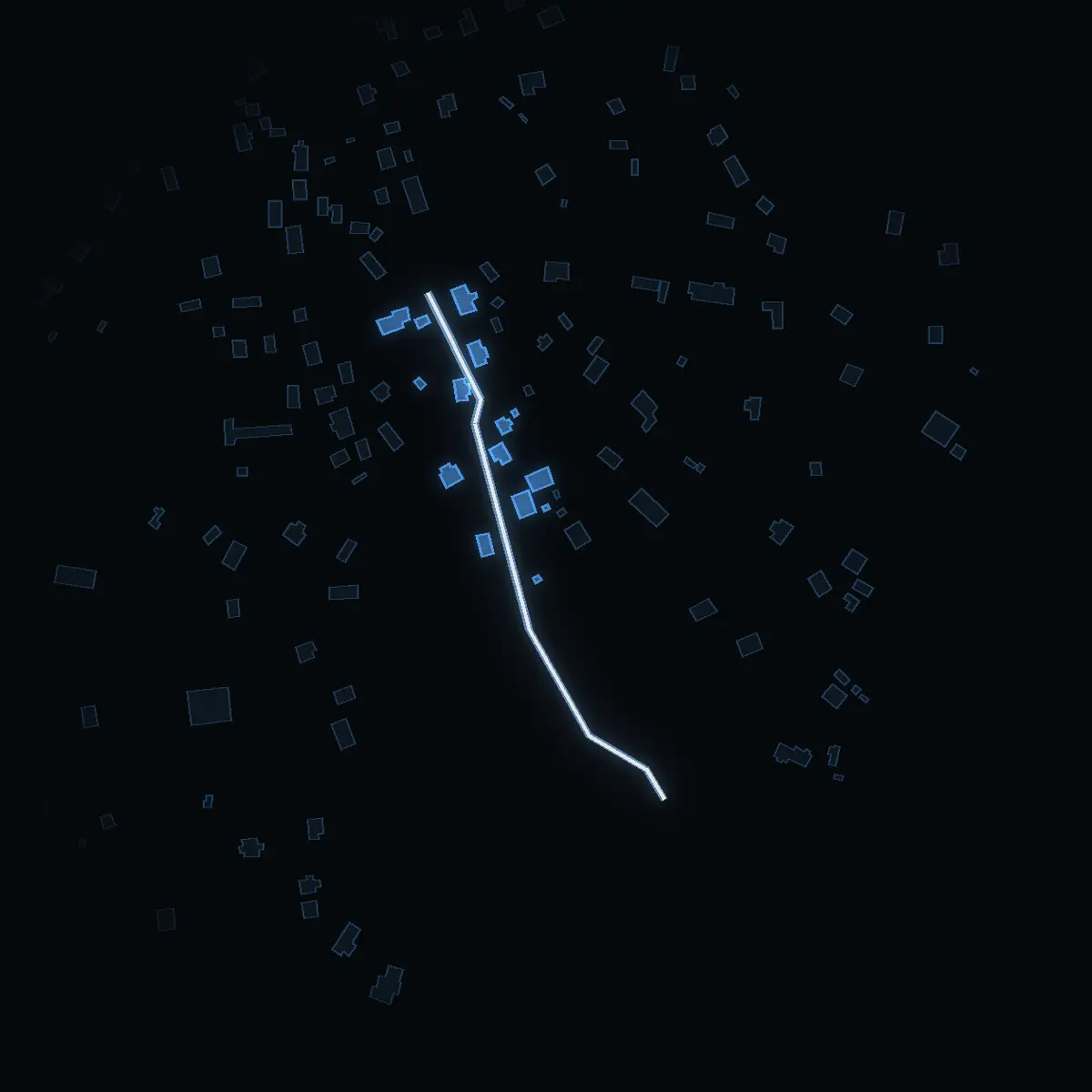 The street at night: Öhlins väg drawn in white, its buildings lit in the colour of their area’s income