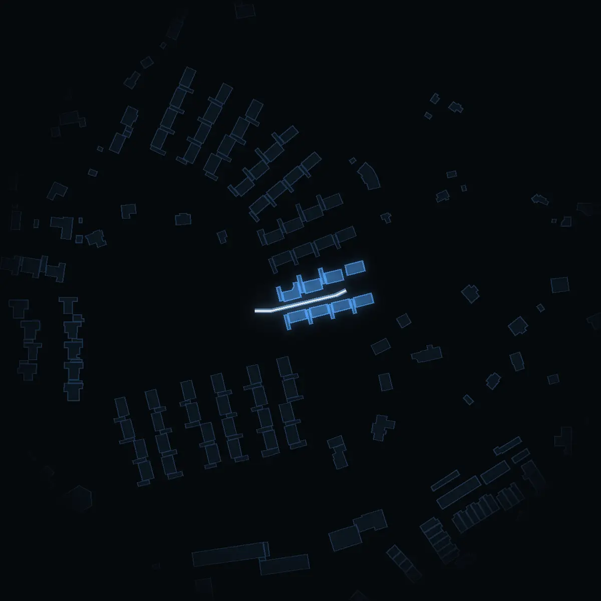 The street at night: Oxelvägen drawn in white, its buildings lit in the colour of their area’s income
