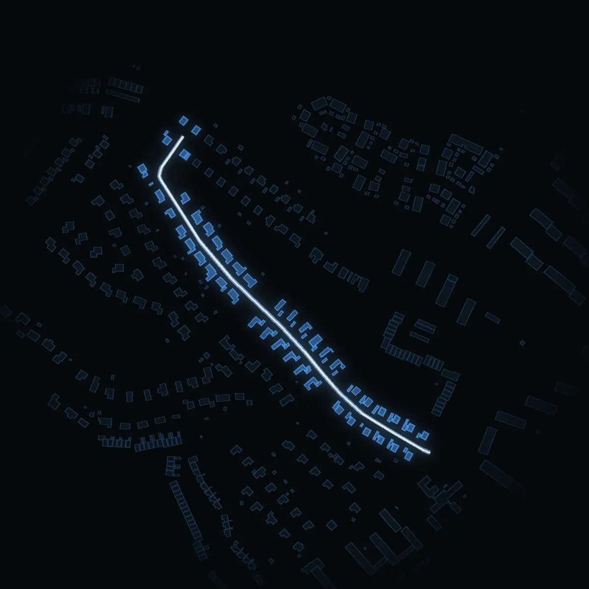 The street at night: Rådjursvägen drawn in white, its buildings lit in the colour of their area’s income