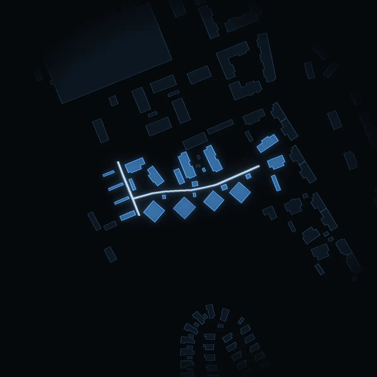 The street at night: Rekordvägen drawn in white, its buildings lit in the colour of their area’s income