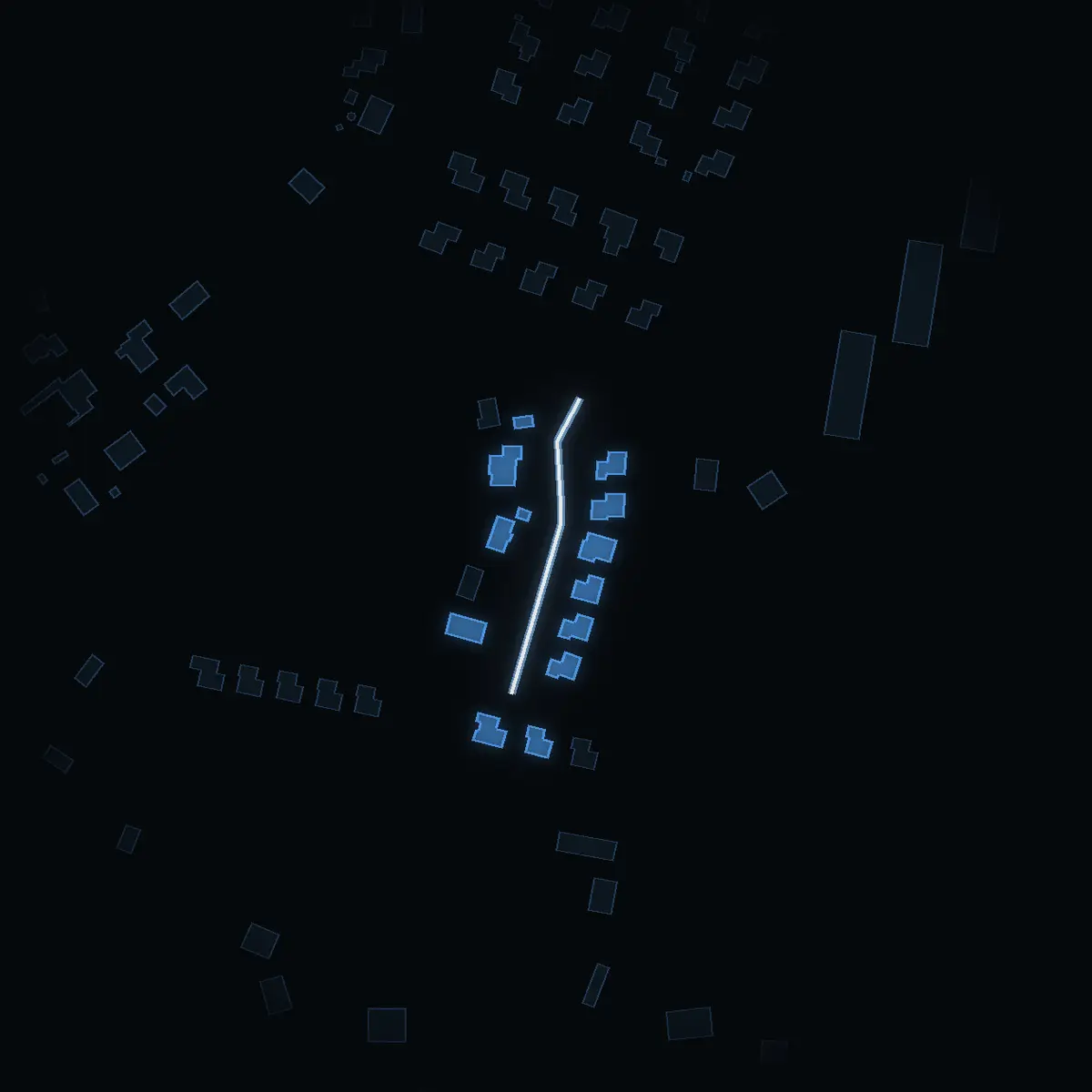 The street at night: Ripans väg drawn in white, its buildings lit in the colour of their area’s income