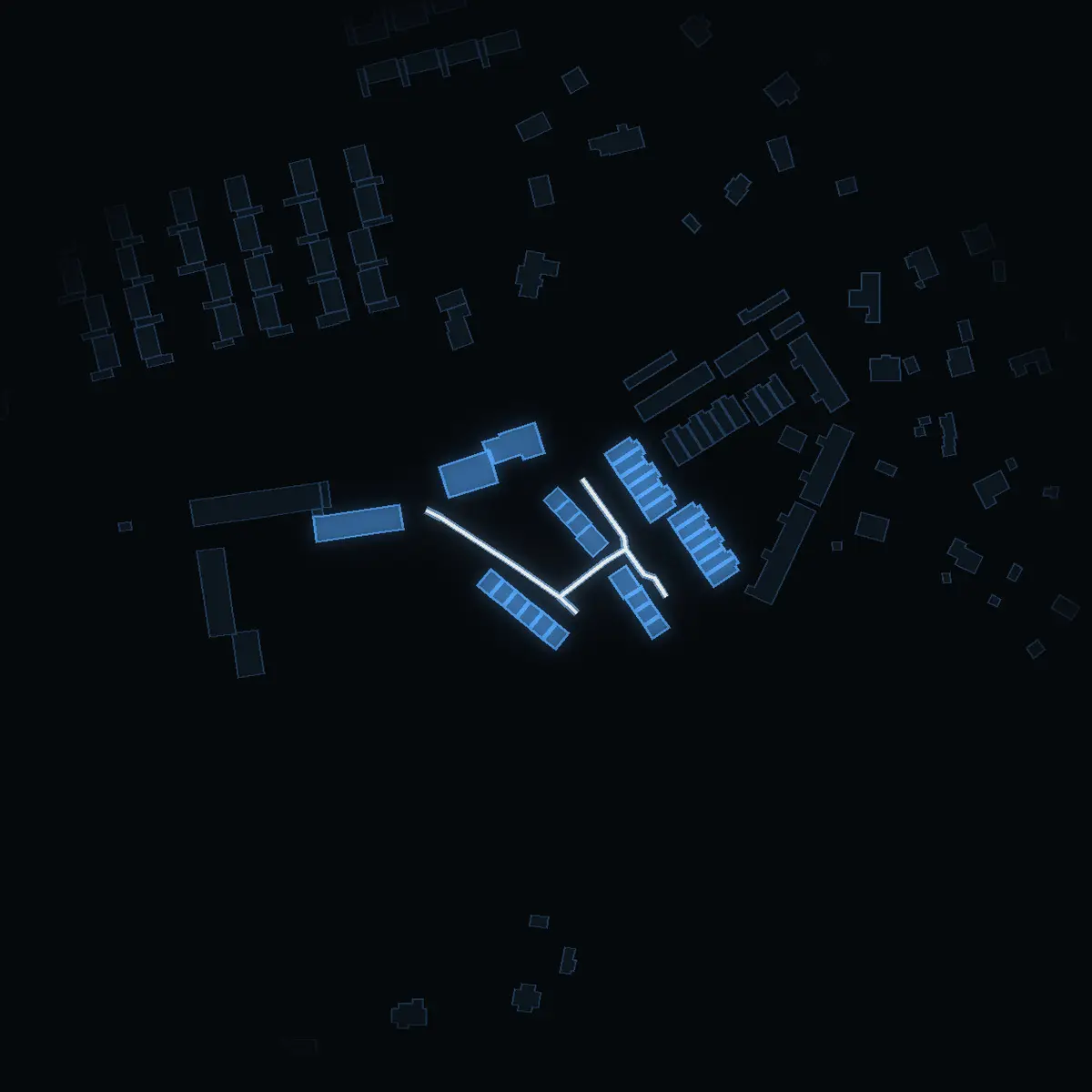 The street at night: Röda radhusen drawn in white, its buildings lit in the colour of their area’s income