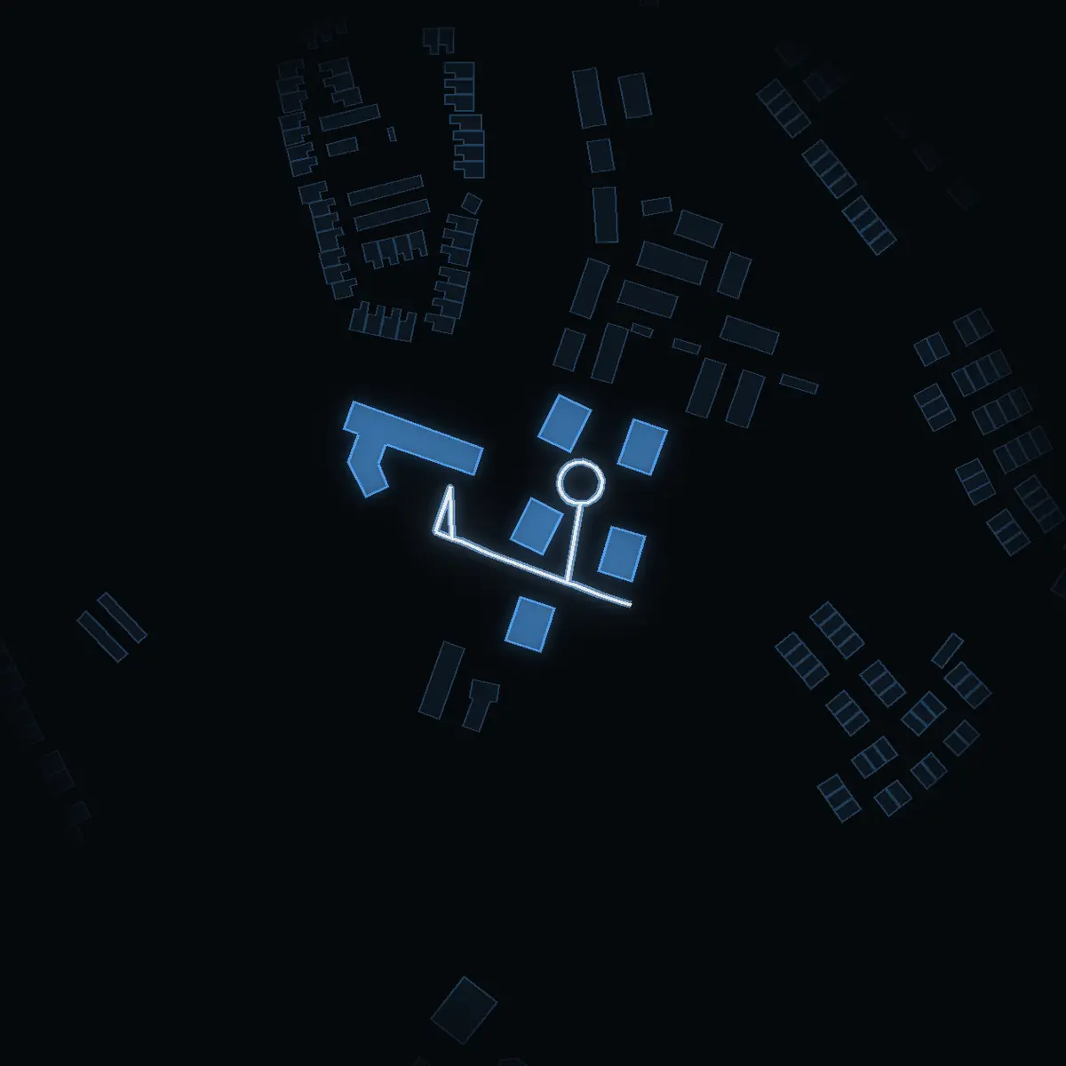The street at night: Rödhakevägen drawn in white, its buildings lit in the colour of their area’s income
