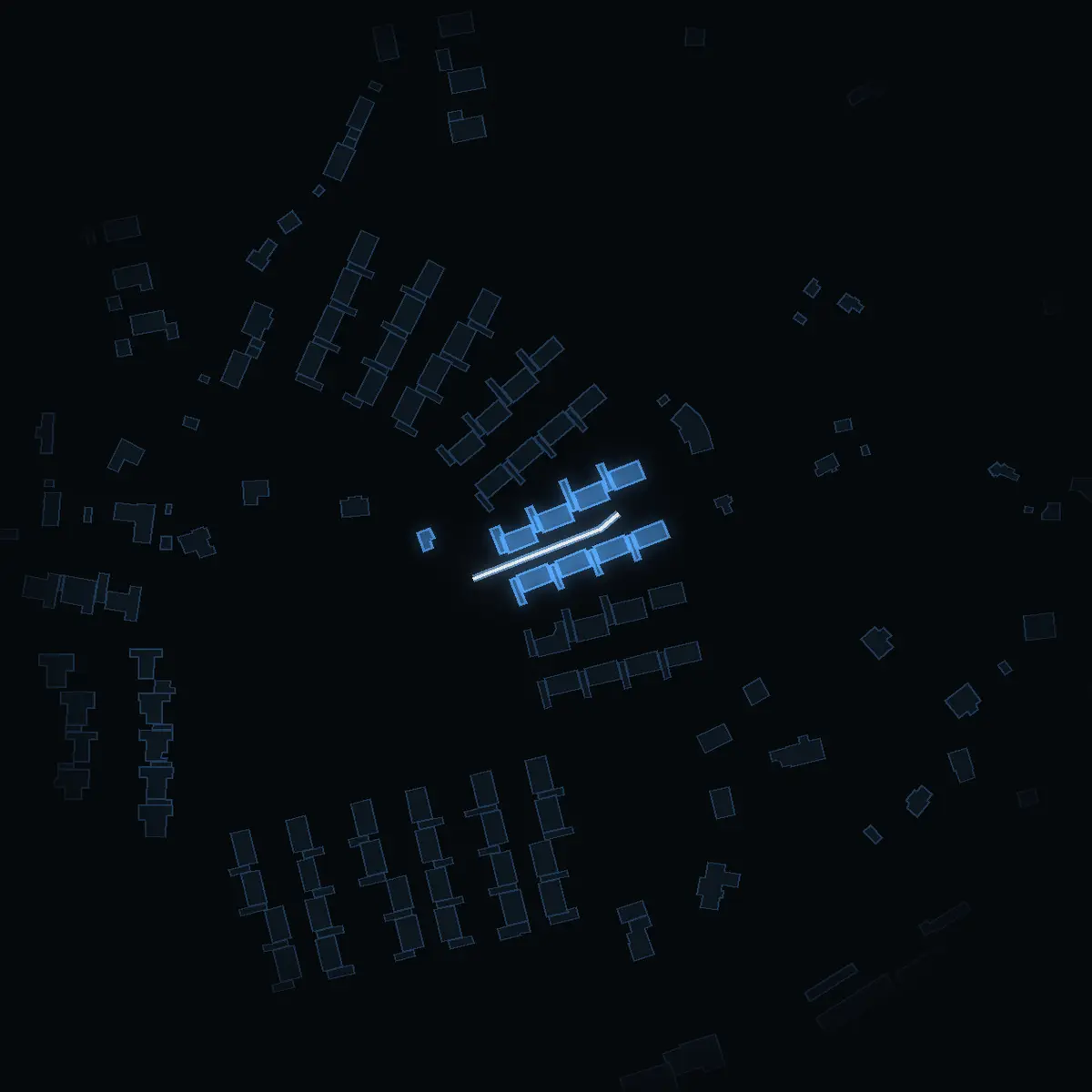 The street at night: Rönnvägen drawn in white, its buildings lit in the colour of their area’s income