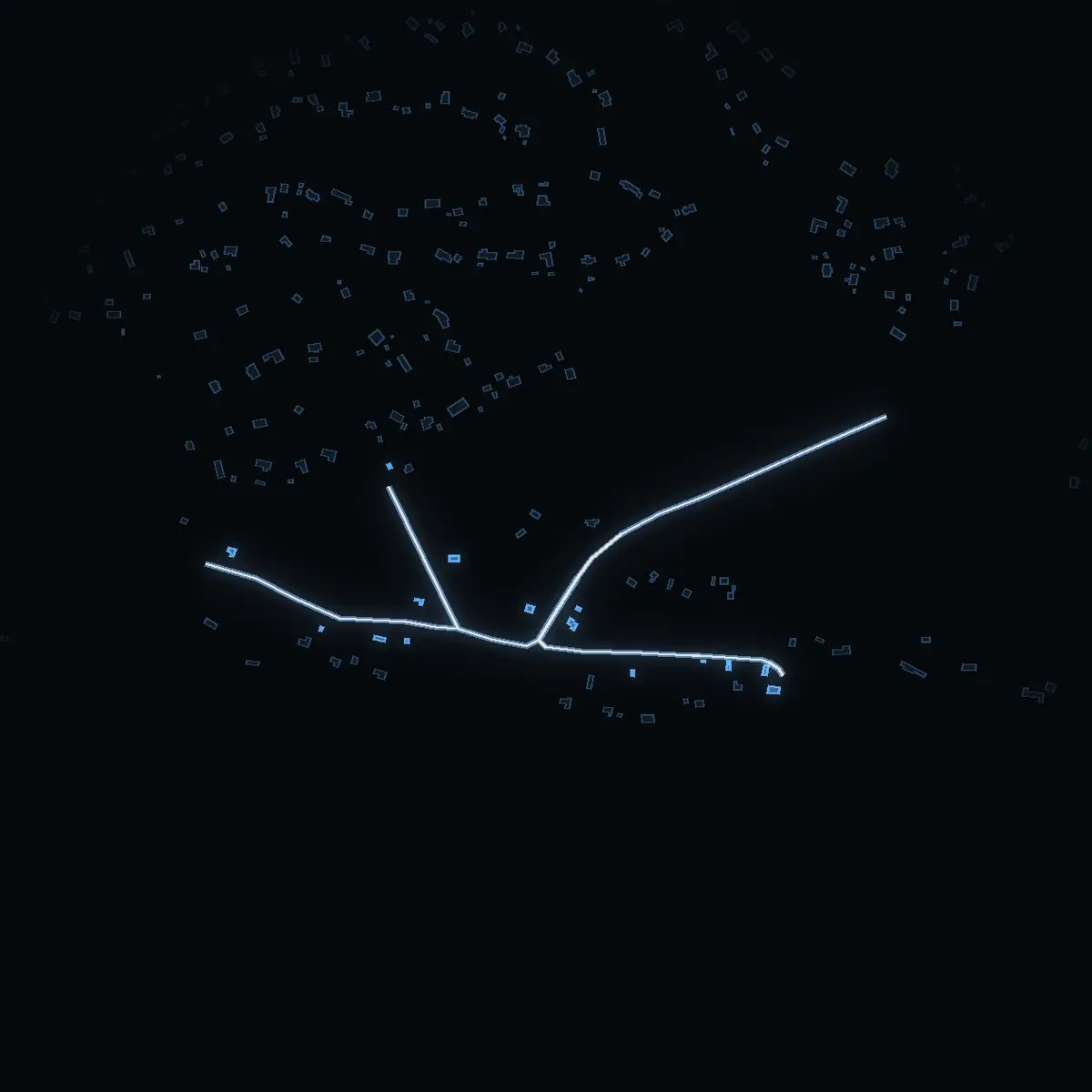 The street at night: Ryttingevägen drawn in white, its buildings lit in the colour of their area’s income