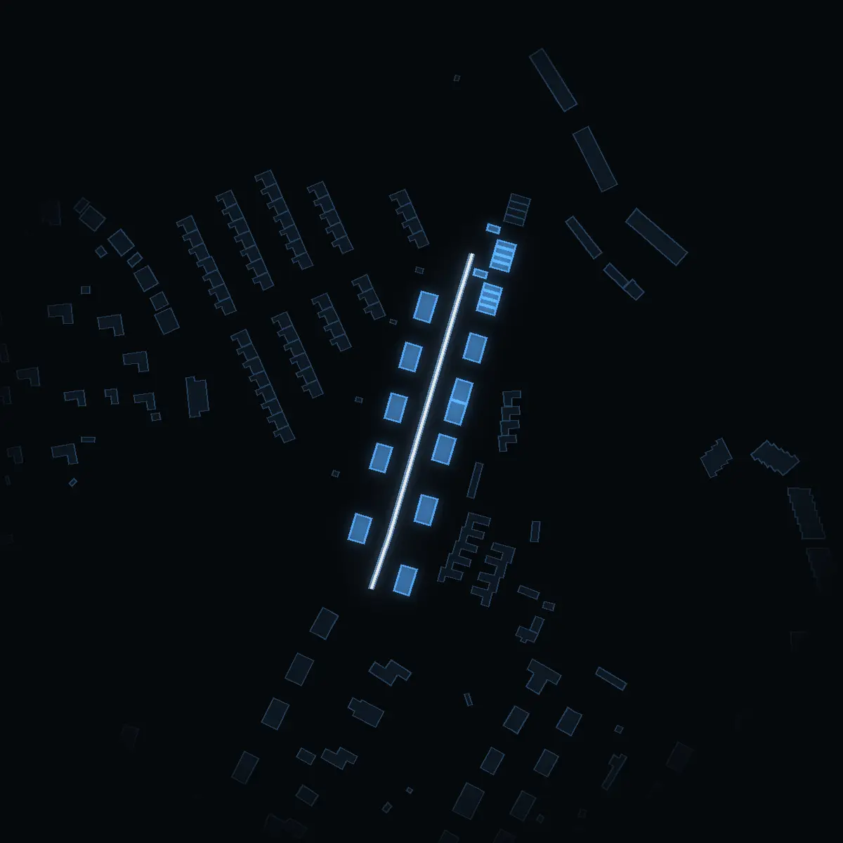 The street at night: Skeviksgatan drawn in white, its buildings lit in the colour of their area’s income