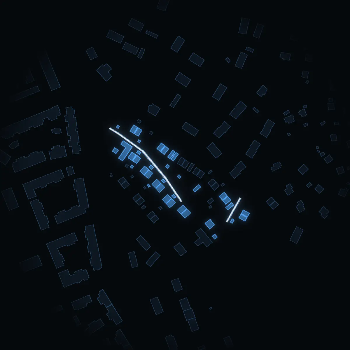 The street at night: Sofiagatan drawn in white, its buildings lit in the colour of their area’s income