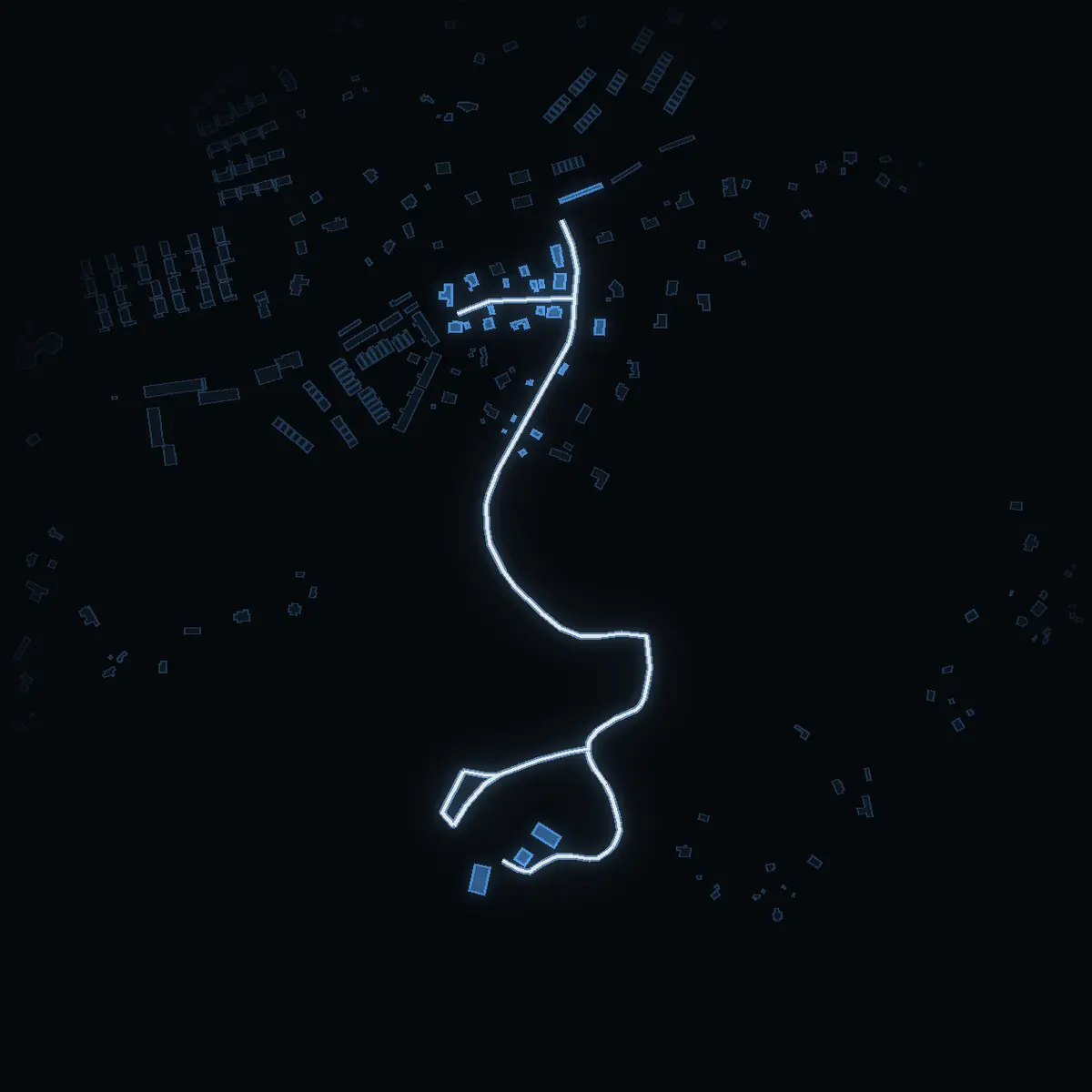 The street at night: Sörbyvägen drawn in white, its buildings lit in the colour of their area’s income