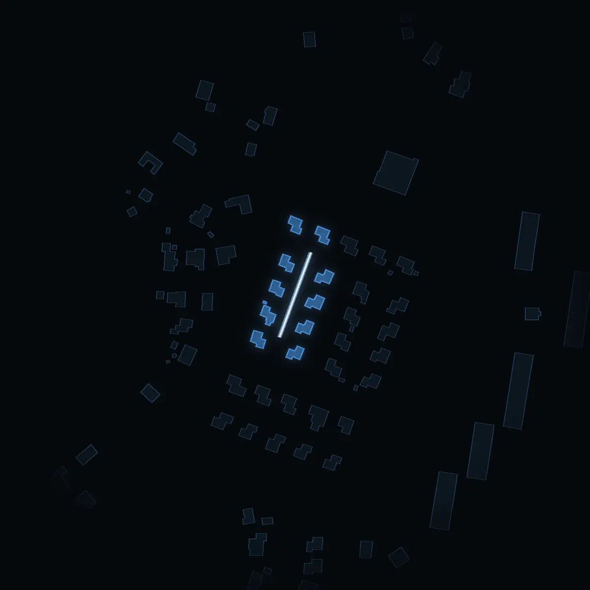 The street at night: Sparvens väg drawn in white, its buildings lit in the colour of their area’s income