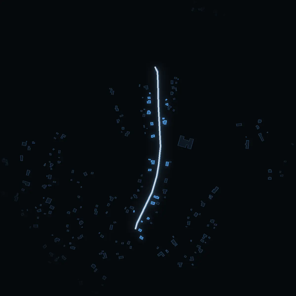 The street at night: Spireavägen drawn in white, its buildings lit in the colour of their area’s income