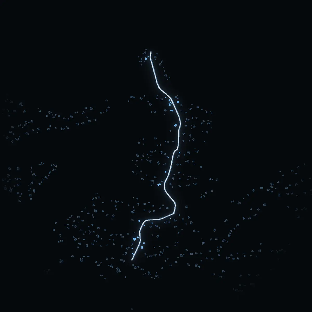 The street at night: Strömmadalsvägen drawn in white, its buildings lit in the colour of their area’s income
