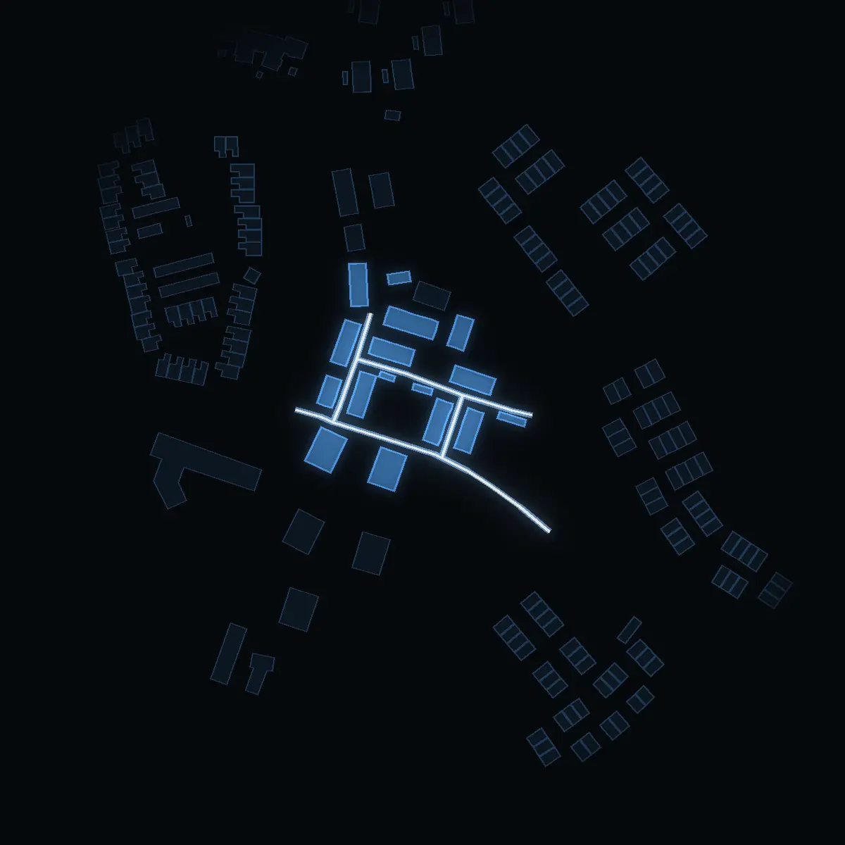 The street at night: Strömstarevägen drawn in white, its buildings lit in the colour of their area’s income