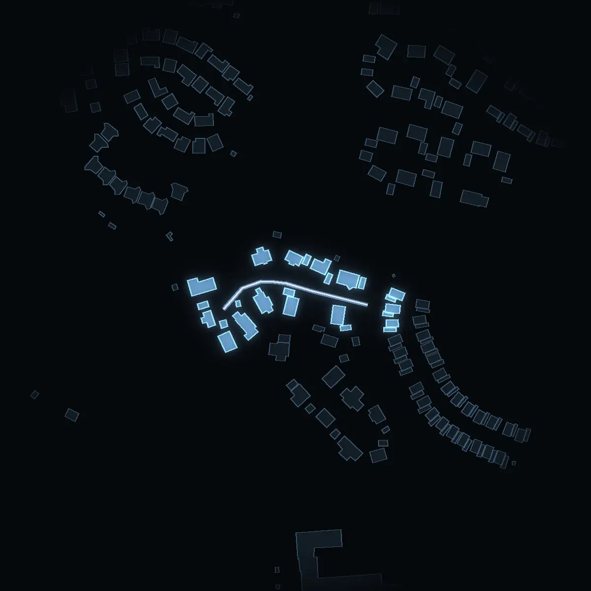 The street at night: Svalas väg drawn in white, its buildings lit in the colour of their area’s income