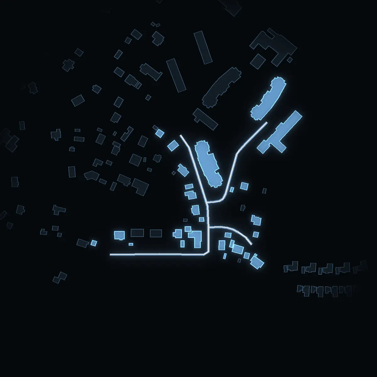 The street at night: Svarta backen drawn in white, its buildings lit in the colour of their area’s income
