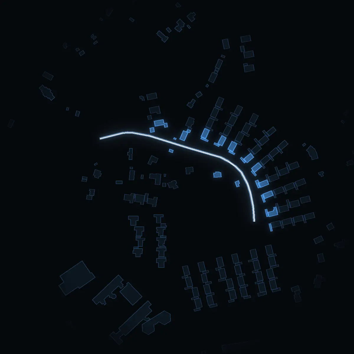 The street at night: Tallbacksvägen drawn in white, its buildings lit in the colour of their area’s income