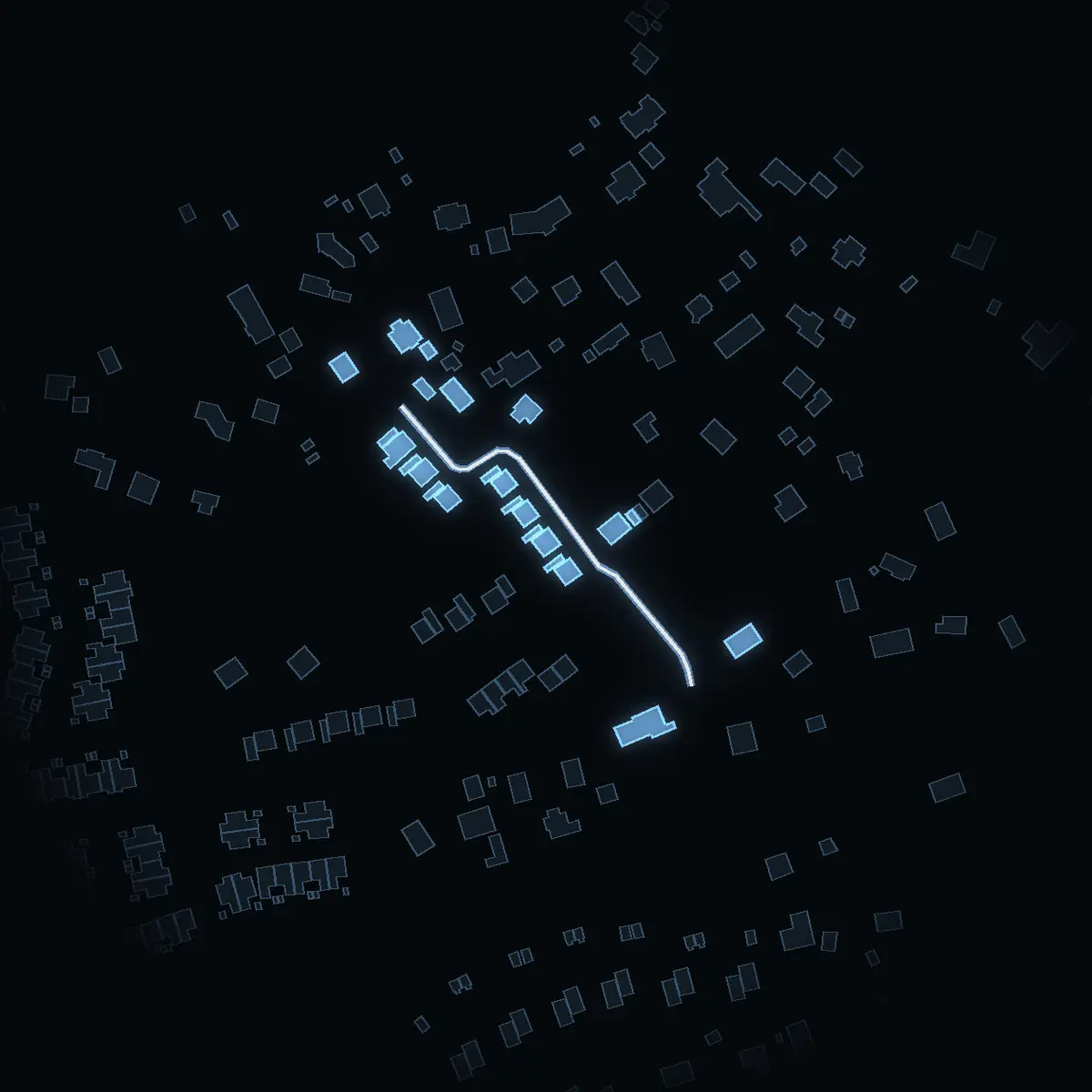 The street at night: Tärnells väg drawn in white, its buildings lit in the colour of their area’s income